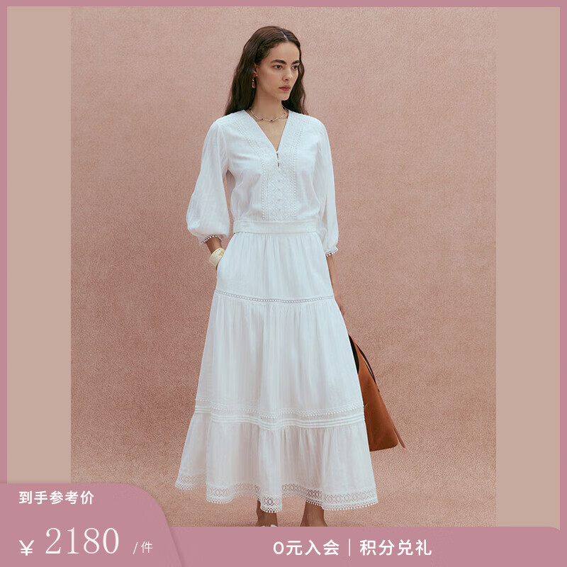 Fabrique月光白刺繡純棉蕾絲V領(lǐng)七分袖上衣半裙套裝2025夏季新品 半裙 M