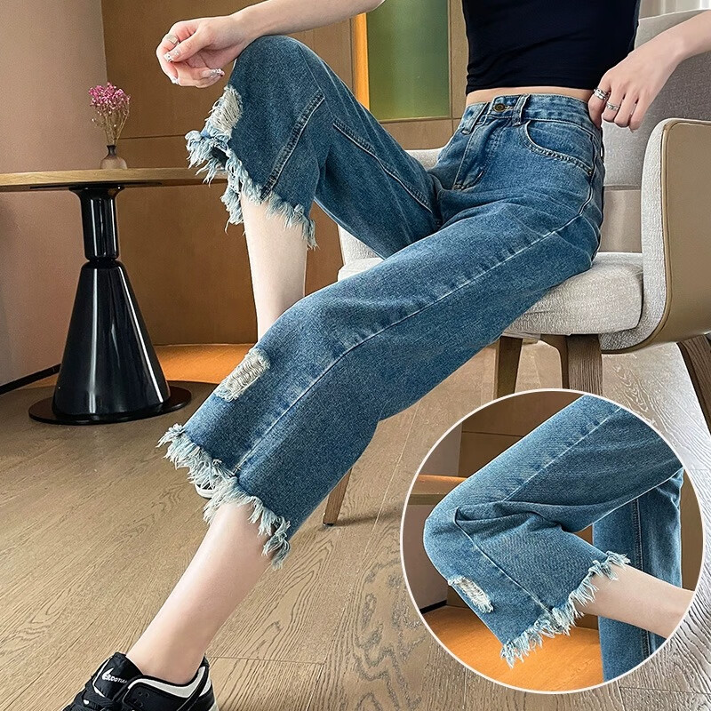 浮夏小個子破洞牛仔褲女闊腿褲夏季薄款復(fù)古高腰毛邊寬松九分流蘇直筒 深藍(lán) S 80-95斤
