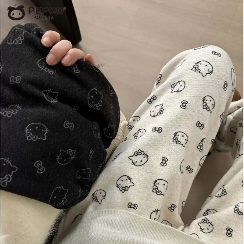 小猪班纳女童秋款印花阔腿裤儿童外穿蝴蝶结打底裤子宝宝弹力直筒休闲长裤 米色 100 cm