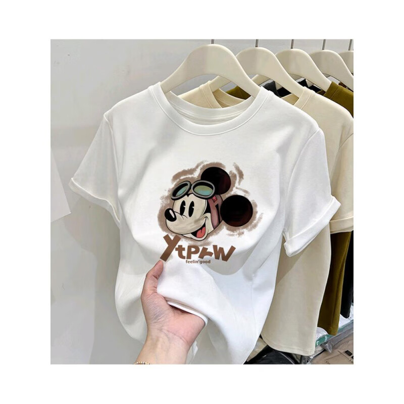 正肩纯棉短袖T恤女2025早秋新款ins风潮流宽松休闲百搭打底衫半袖 粉色(眼镜米奇款) 2XL