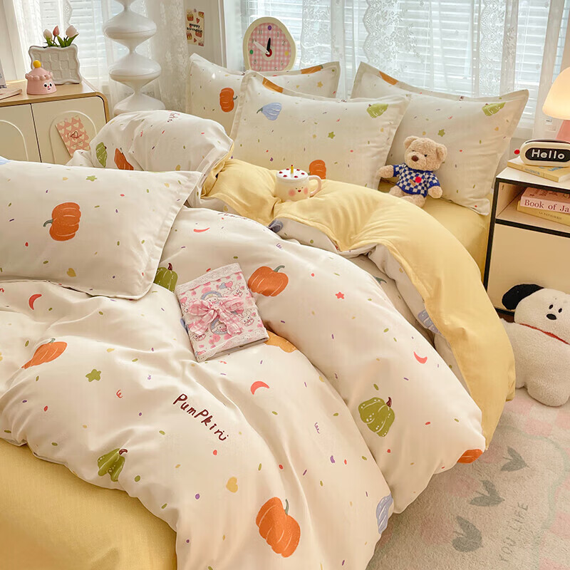 软贝小清新四件套 透气亲肤印花卡通简约田园风被套床单款套件 南瓜园 2.0m 床单款 四件套(被套200*230cm)