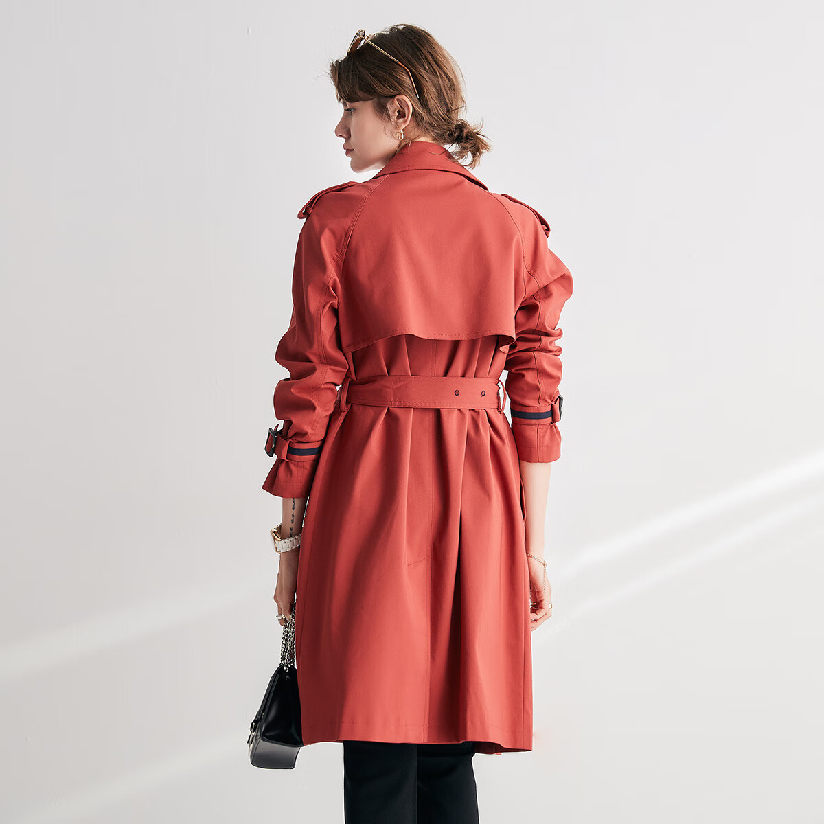 帕罗风衣女秋季新款简约双排扣撞色拼接休闲百搭外套肩章长外衣 枫叶红 常规 XL 170/92A