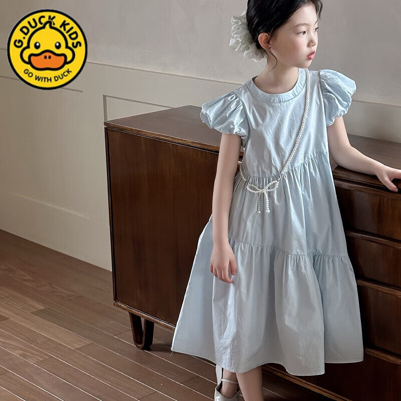 哈羅小黃鴨 HAL.DUCK女童連衣裙夏季2025新款韓版兒童棉布公主裙女孩泡泡袖感裙子 淺藍(lán)色 150 cm