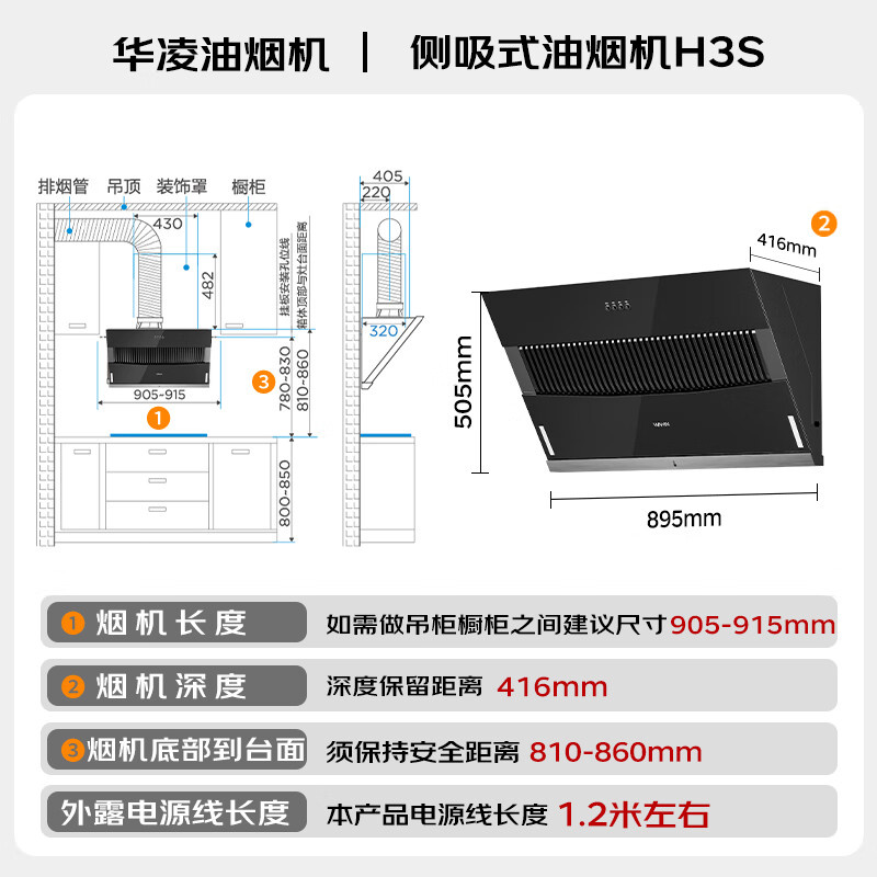 华凌美的出品油烟机H3S侧吸式18风量大吸力出租房小户型 易清洁节能 免费上门安装 全国联保 以旧换新