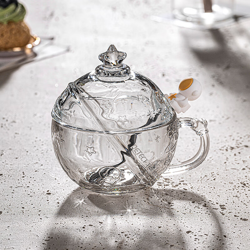 乐唯诗（LOVWISH）星空球杯玻璃杯带盖勺高颜值女生咖啡早餐喝水杯家用设计感燕麦杯 星球杯皓月白【含盖送勺】320ml*1