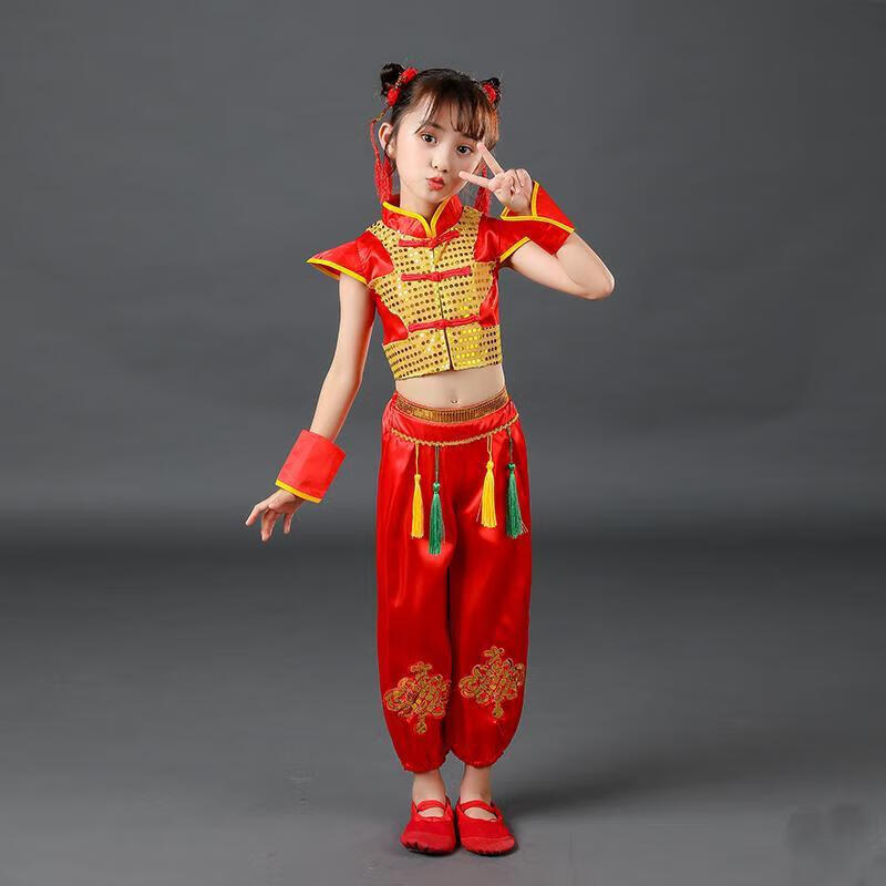 氧家秧歌服 六一幼兒開(kāi)門紅民族秧歌盛世歡騰舞蹈服兒童喜慶演出服 紅色女款-打鼓服 110