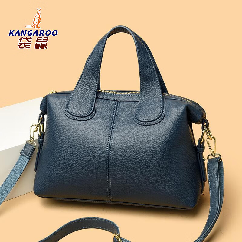 袋鼠(KANGAROO)真皮女包高级感牛皮单肩包女2025新款大容量枕头包中年妈妈手提包 蓝色