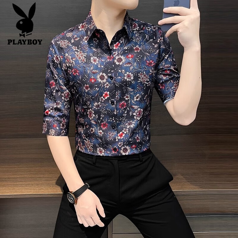 花花公子夏季新款高级感痞帅男装冰丝花衬衫男士短袖2025衣服时尚碎花