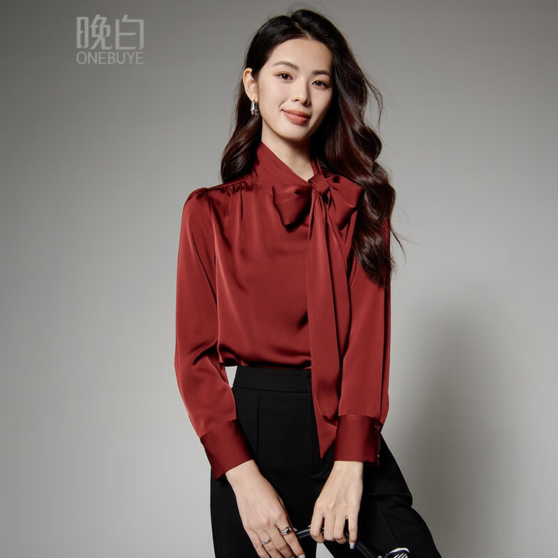 2025秋款气质中国红系带优雅衬衫通勤纯色轻熟时尚衬衣女 暗红色 m