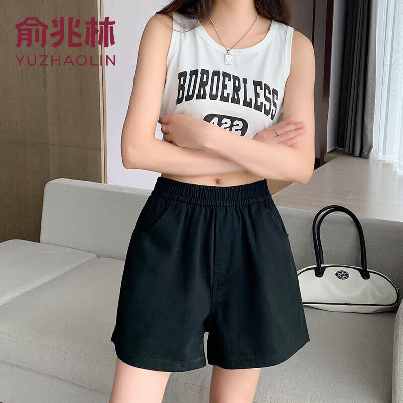 俞兆林短裤女裤2025夏季新款薄款宽松高腰显瘦阔腿休闲三分运动裤糖果色 黑色 * L 【推荐115-130斤】