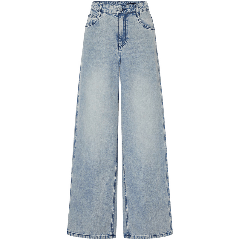 MO&Co.牛仔褲春夏洗舊褪色灰藍磨白高腰長直筒垂感闊腿褲摩