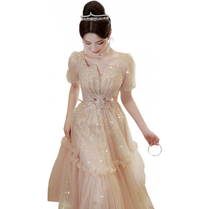 凱姿兔[KAIZITU]晚禮服裙女輕奢小眾生日宴會女生藝考 金色 XL