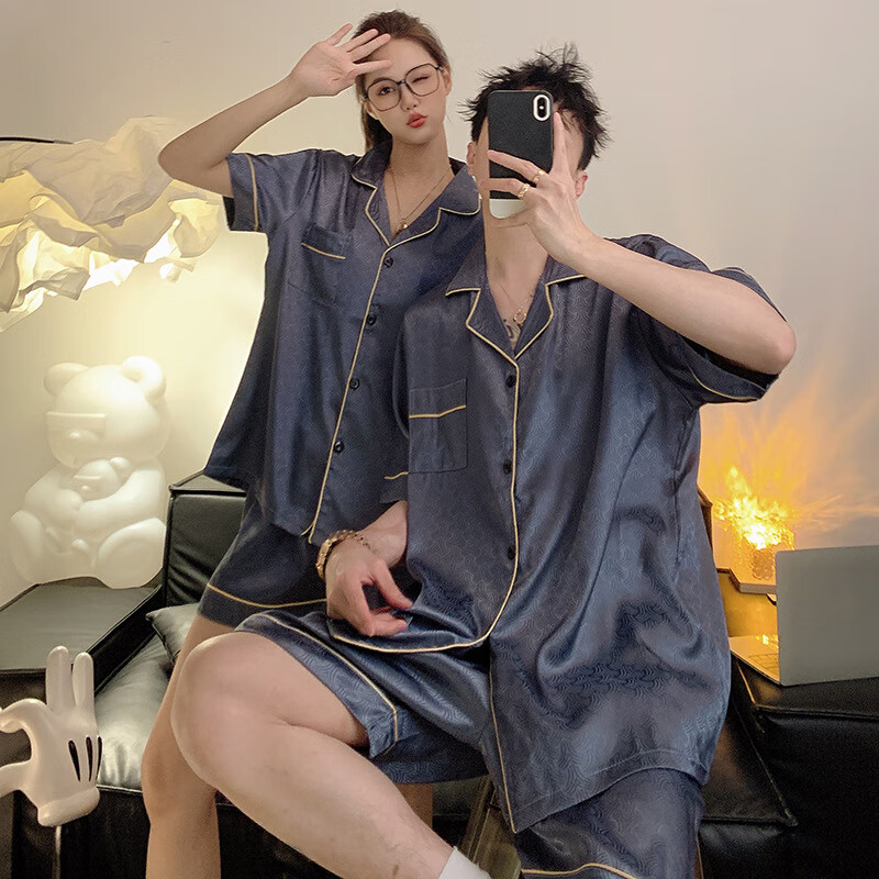 【厂家直发】夏季短袖情侣睡衣女冰丝薄款男士绸加肥加大码提花家 0045女-0046男 M 女