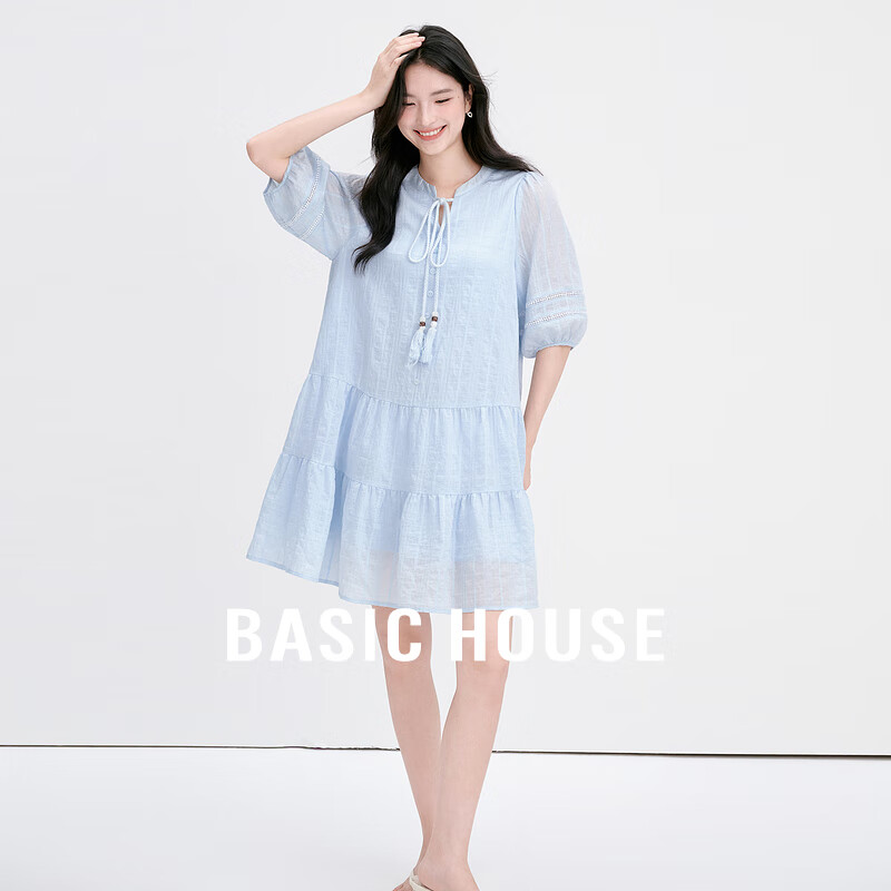 Basic House/百家好莱赛尔蕾丝v领连衣裙夏季新款镂空中长款裙子 蓝色 L