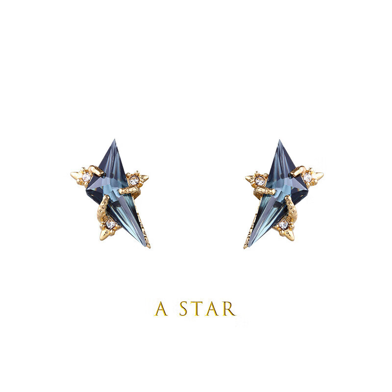 老凤凰金店款A STAR原创设计蓝宝石耳钉男潮单只几何个性水晶耳饰 一只 左耳 带小熊礼盒