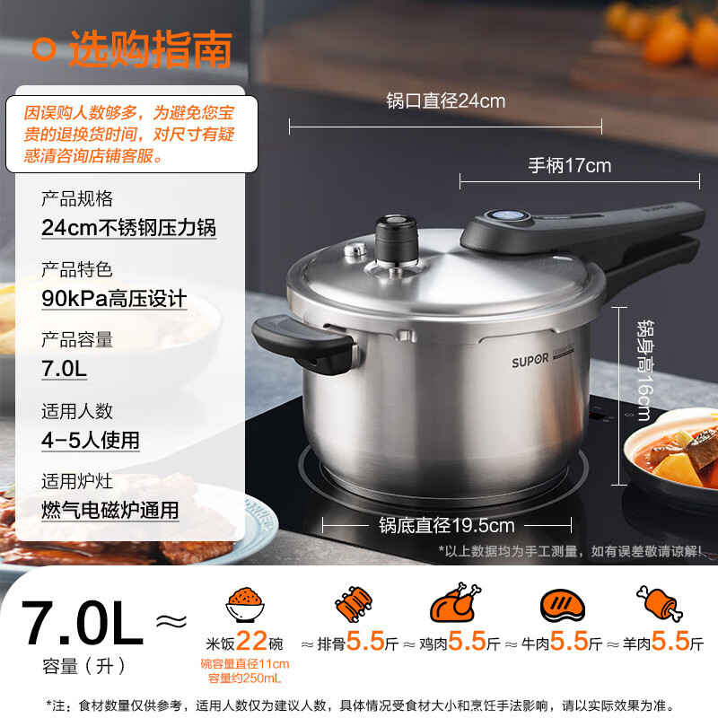 苏泊尔(SUPOR)压力锅304不锈钢高压锅蓝眼示压家用燃气快煮明火电磁炉通用 3-5人用 24cm 7L