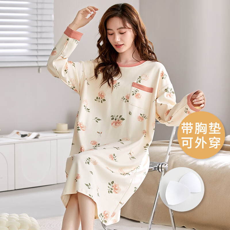 睡衣女春秋季纯棉大码带胸垫一体睡裙中长款可外穿冬夏天家居服 7002(带胸垫) M (80-100)