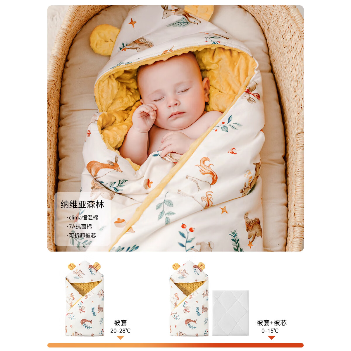 嫚熙(EMXEE)婴儿包被新生儿抱被宝宝春秋季豆豆绒包单防惊跳绑带可拆卸 纳维亚森林 90*90cm