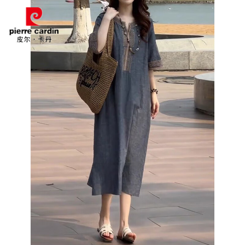 皮尔卡丹(pierre cardin)复古轻奢气质重工刺绣连衣裙女2026夏季新款大码宽松显瘦百搭裙子 牛仔蓝【高品质】 XL 【121-140斤】