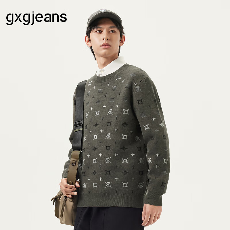gxgjeans男装针织衫 绿色满印设计宽松圆领毛衣 25春新品 绿色 L (175)