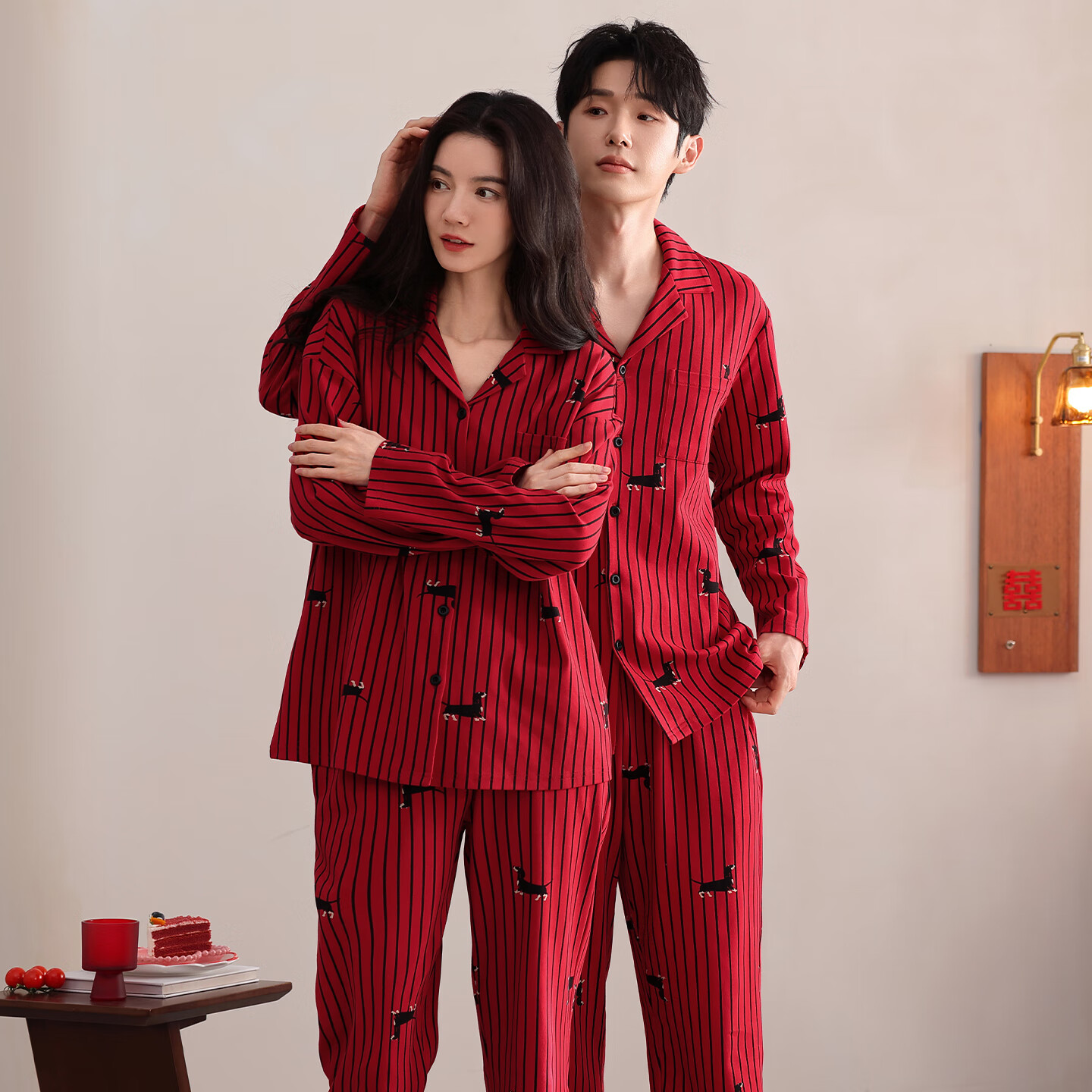 浪莎春秋款情侣睡衣纯棉男女休闲简约大红家居服套装七夕情人节礼物 77932男 L