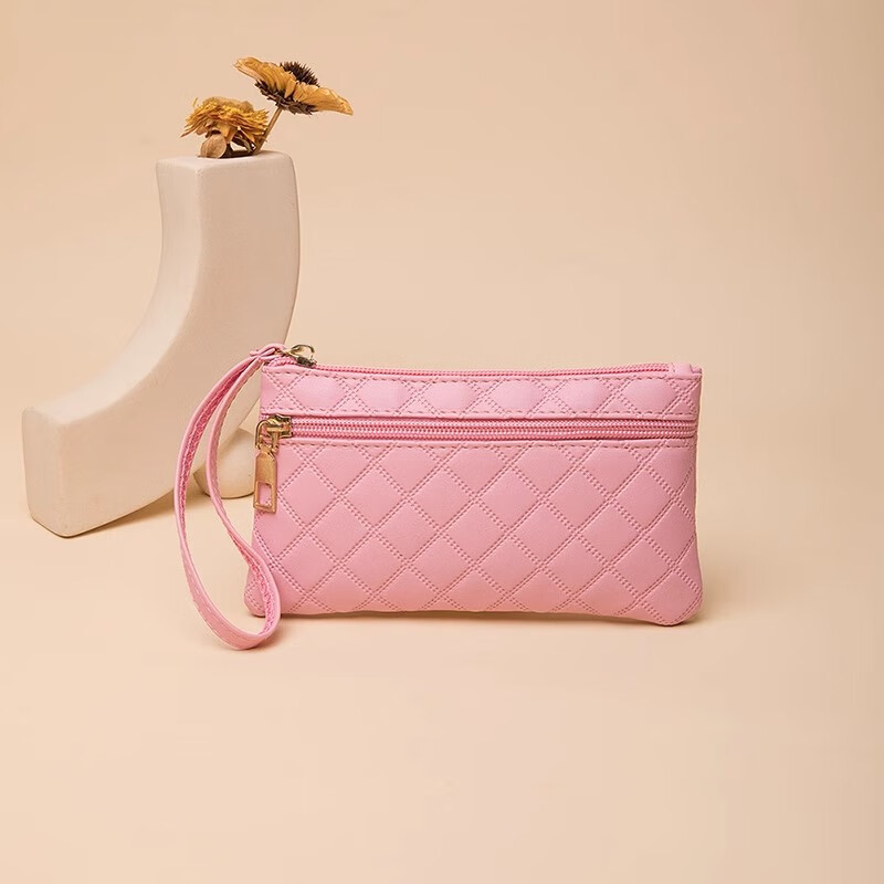 佳品优菱格钱包多功能包包大容量零钱包小众设计女士长款时尚手机手拿包 粉色