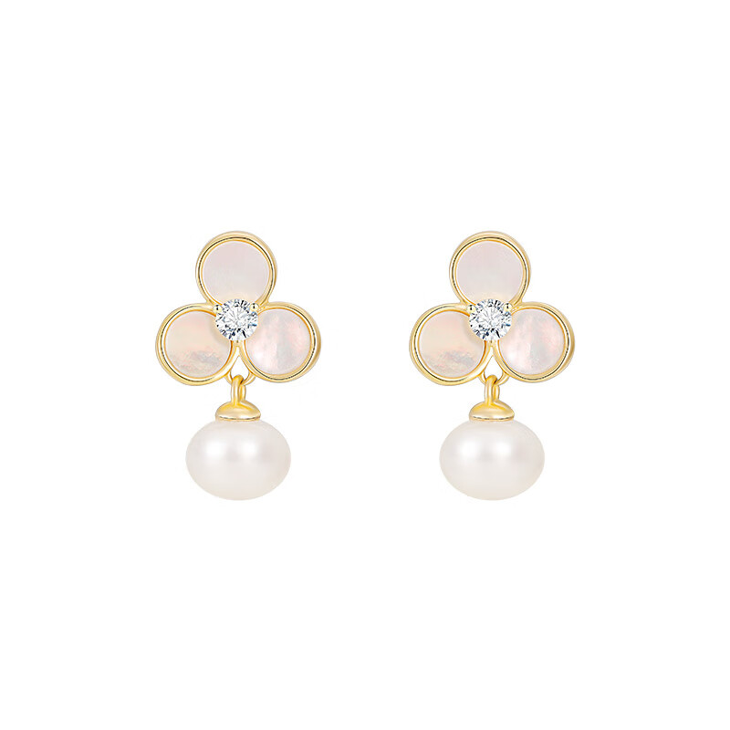 饰品优雅精致贝壳淡水珠耳钉气质三叶草珍珠耳环配饰超轻