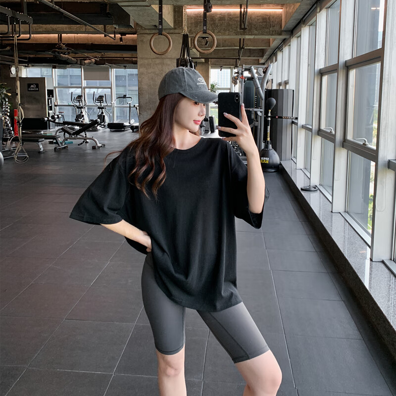 Quinientos宽松显瘦大码胖mm健身服女纯色运动T恤速干跑步瑜伽服上衣遮屁股 黑色 均码