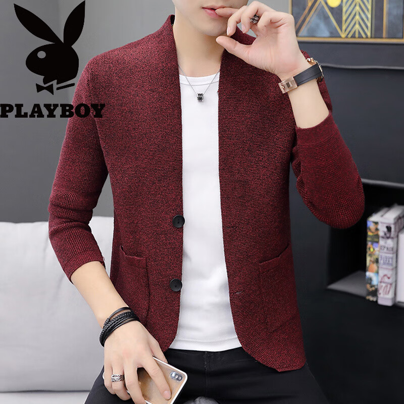 花花公子(PLAYBOY)针织开衫男士薄款春秋季百搭西服修身夹克男毛衣西装外套 8505红色 L (约105~120斤可穿) 京东折扣/优惠券