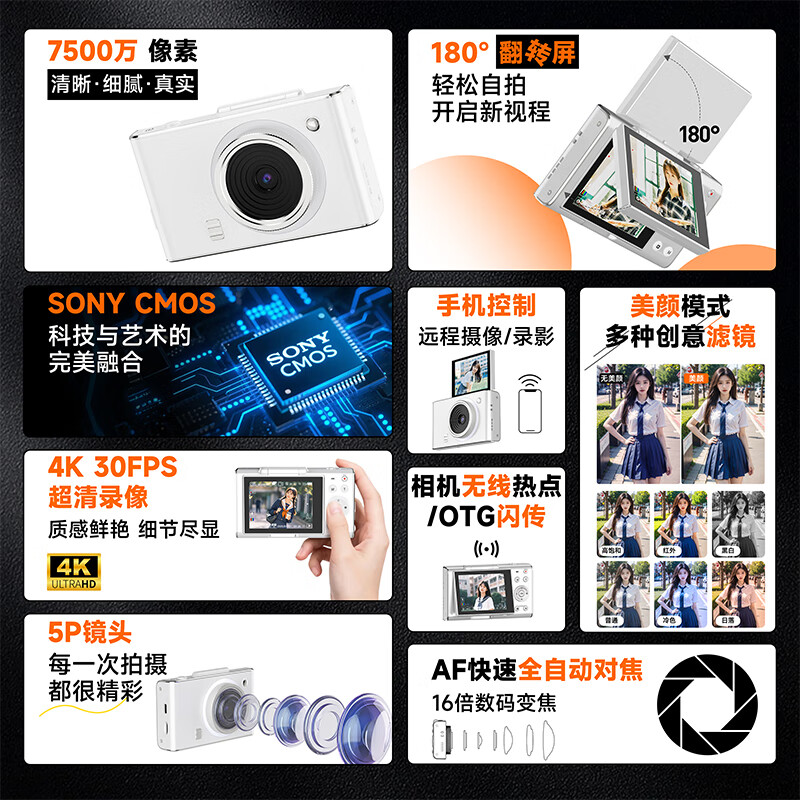 锐族R6 学生数码照相机 翻转屏自拍数码相机【美颜自拍 WiFi直传手机】女生入门平替ccd照相机 白色64G