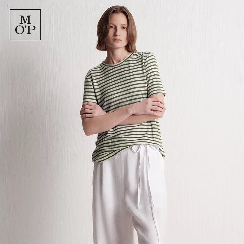 Marc O'Polo/MOP 2025夏季新款亚麻混纺海军风圆领短袖女士条纹t恤 绿白条纹S79 M