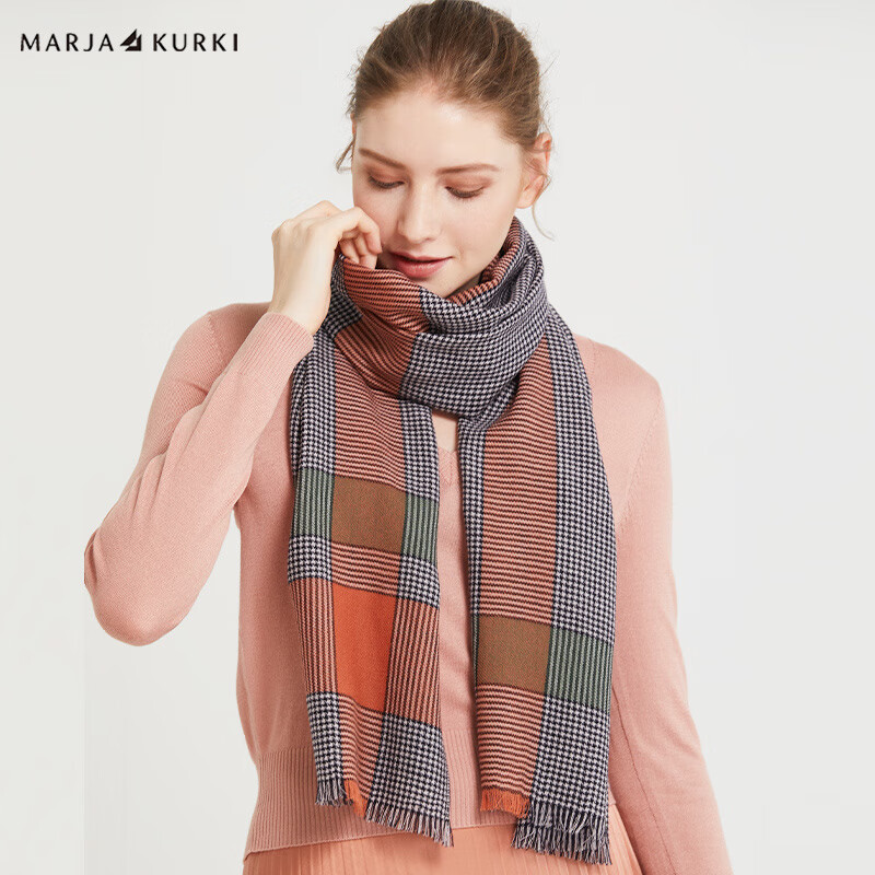 瑪麗亞·古琦MARJAKURKI瑪麗亞古琦千鳥(niǎo)格羊毛圍巾女冬季韓版百搭時(shí)尚情侶圍脖 橙色禮盒包裝_代寫(xiě)賀卡