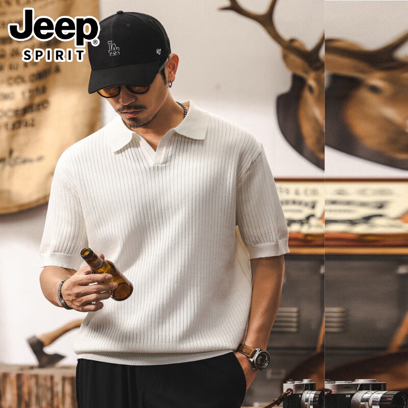 JEEP SPIRIT 1941 ESTD冰絲涼感海鷗領(lǐng)男士POLO衫夏季短袖毛衣男輕熟風通勤寬松美式t恤 白色 XL 適合145-160斤