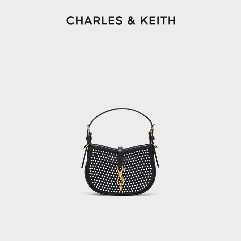 CHARLES&KEITH夏季女包250271034時(shí)尚搭扣水鉆手提單肩包女包 Black黑色