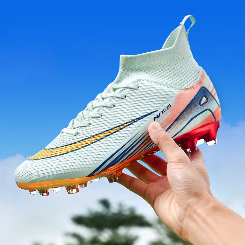 KUNY耐磨新品C罗刺客电镀成人儿童足球鞋男童AG长钉T碎钉学生训练鞋 2501浅月色高帮长钉 袜子＋护腿 38