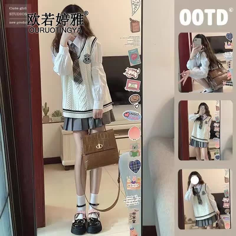 欧若婷雅 连衣裙女2022春秋新款女装韩版时尚盐系穿搭学院风针织马甲百褶裙JK制服小个子洋气减龄套装 马甲+衬衫+百褶裙 S怎么看?