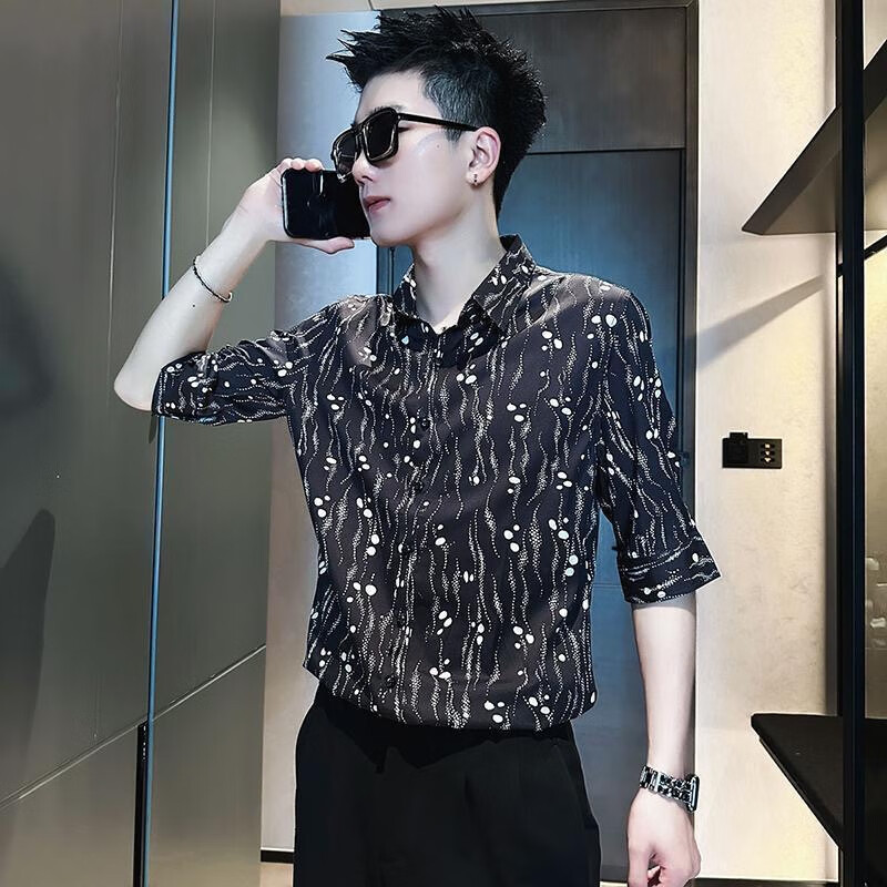 gxmy英倫七分袖男士襯衫冰絲套裝夏季中袖襯衣男款夏裝痞帥上衣兩件套 單黑色上衣 M