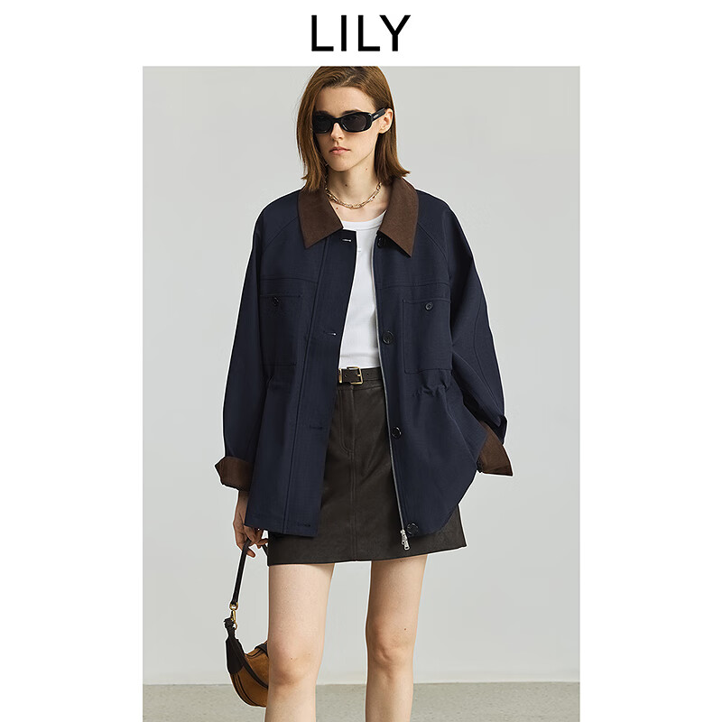 LILY2025秋新款女装工装风撞色灯芯绒拼接宽松休闲风衣外套短款 411藏青 S