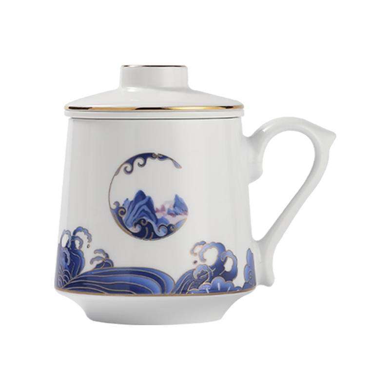 景德鎮(zhèn)家用茶水分離杯男士陶瓷大容量青花玲瓏水杯商務(wù)禮品團(tuán)購(gòu)辦公杯 魚躍龍門茶漏杯