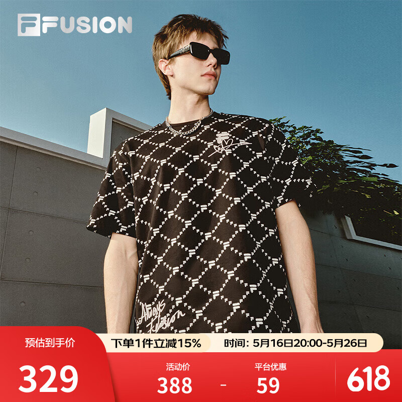 FILA FUSION斐樂潮牌情侶款針織短袖衫夏季時(shí)尚寬松純棉T恤 正黑色-BK M 170/92A