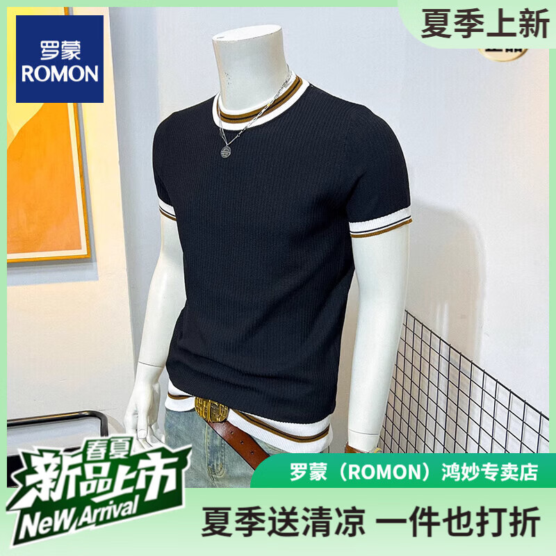 羅蒙（ROMON）短袖針織衫圓領(lǐng)T恤撞色領(lǐng)毛衣半袖毛衣冰絲拼色時尚休閑青年潮流 黑色 M