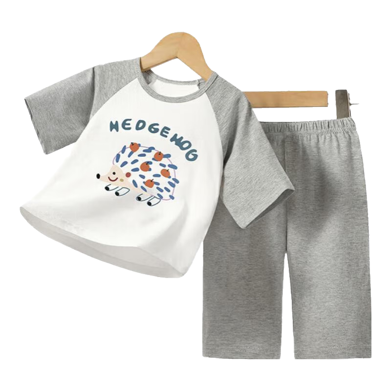 巴帝巴帝2025夏季新款宝宝睡衣家居服套装纯棉中袖儿童空调服透气分体超萌 花灰 苹果刺猬 90 推荐身高80-89CM