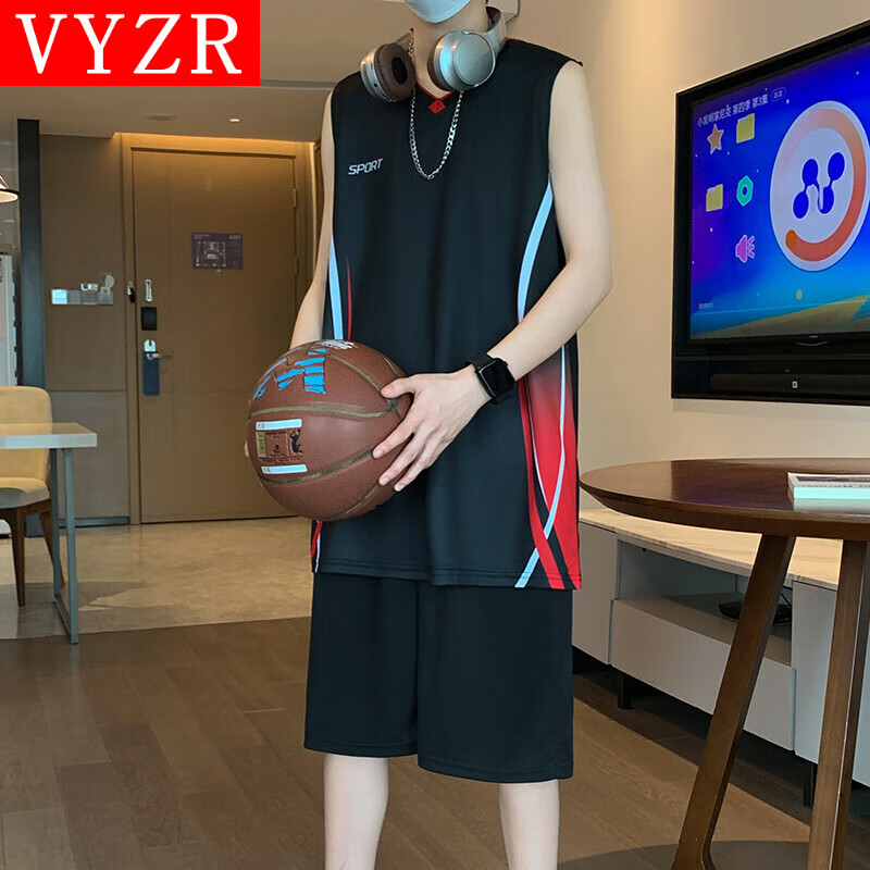 VYZR篮球服运动套装男夏季跑步训练冰丝无袖背心短裤羽毛球健身速干衣 黑色 M