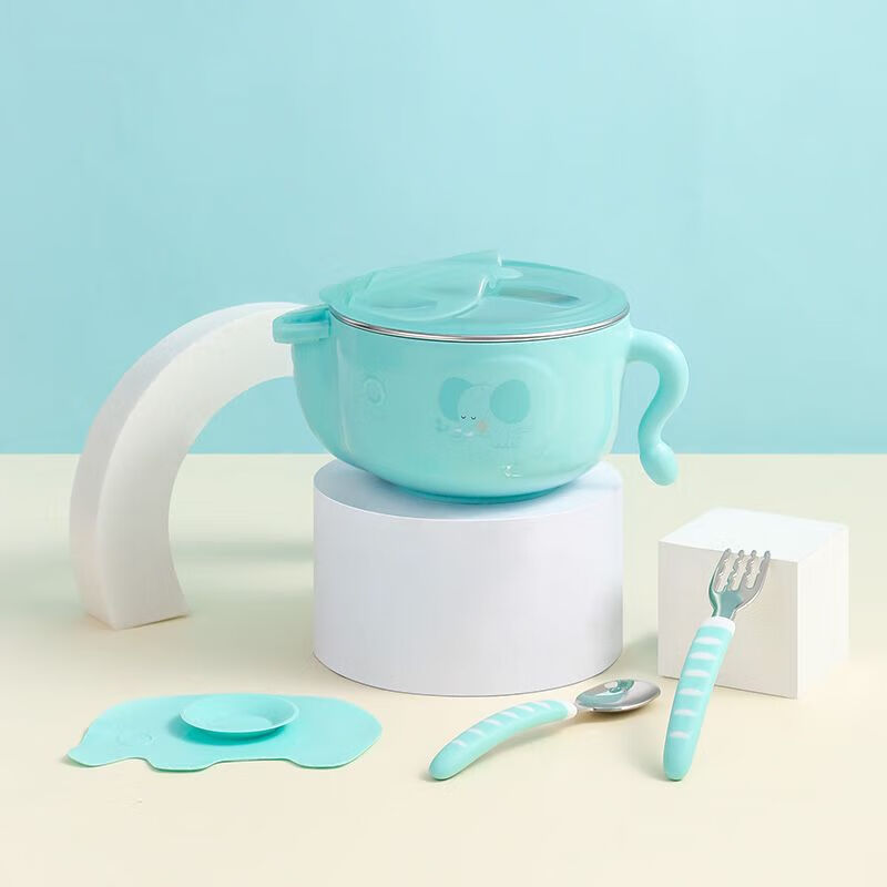 可拉貝拉（KLOBELA）寶寶注水保溫碗兒童餐具套裝吃飯輔食碗防摔防燙嬰兒不銹鋼吸盤碗 綠色