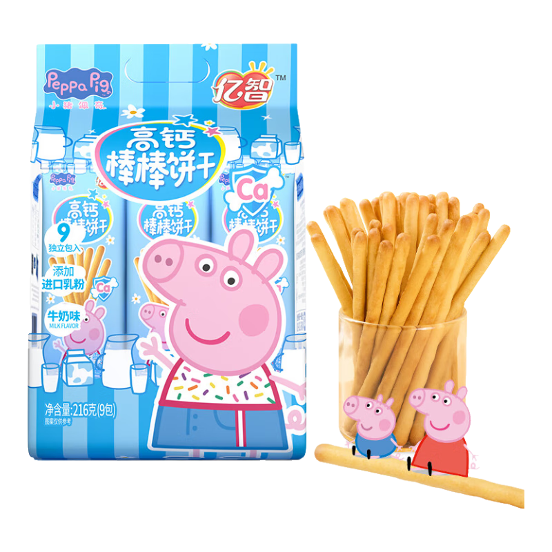 亿智小猪佩奇高钙儿童手指饼干磨牙棒宝宝零食儿童棒棒饼0反式脂肪酸 【分量装】216g牛奶味*1袋