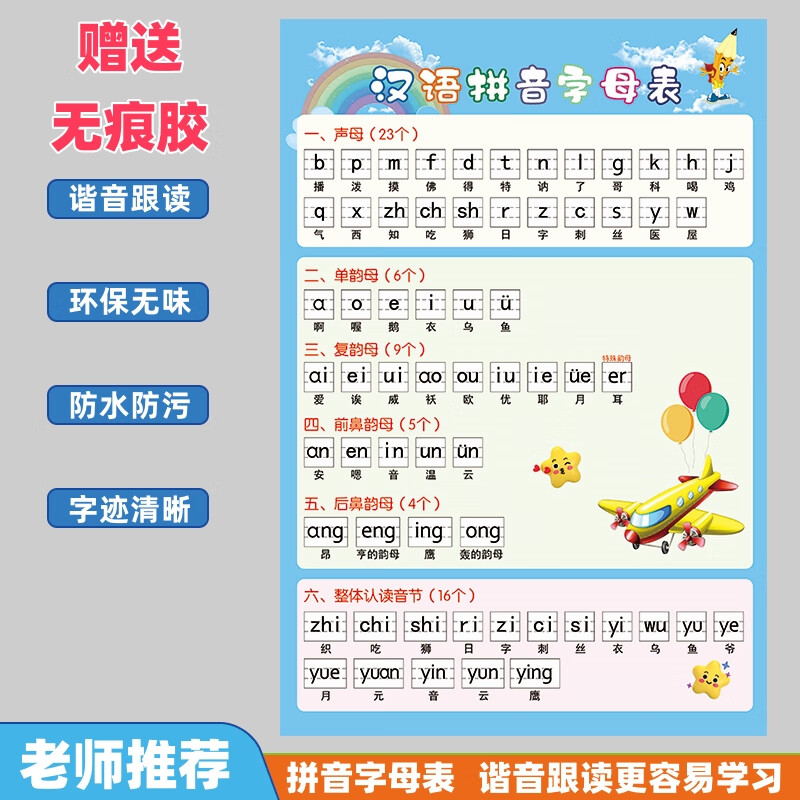 暮茜26个汉语拼音字母表墙贴一年级声母韵母整体认读音节拼读全表挂图 1张汉语拼音字母表+无痕胶
