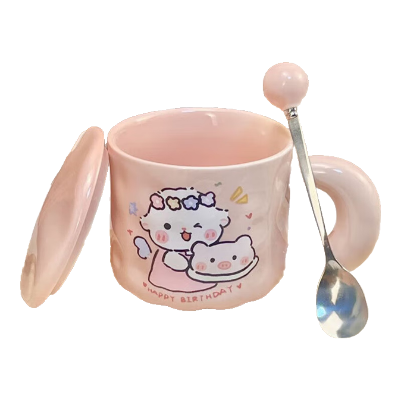 可爱fufu生日蛋糕马克杯带盖勺陶瓷杯送女生高颜值有意义生日礼物 小猪生日蛋糕杯+盖+勺1个350ml