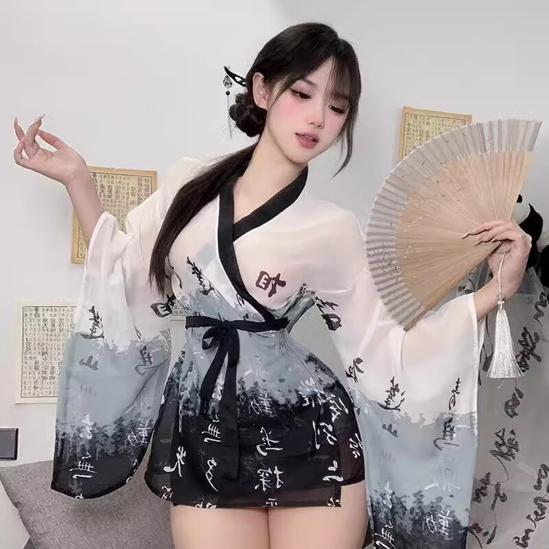 芳透床上攻速睡裙黑丝御姐战袍日系古风低胸深V领和服角色扮演夜店酒 黑白色【浴袍+T裤】 均码