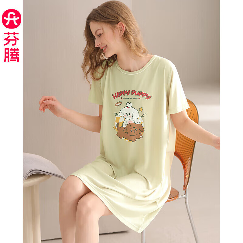 芬腾睡裙女士夏季薄款短袖睡衣中裙女款宽松休闲卡通可爱家居服 FX26921063果绿 L 建议：110-125斤