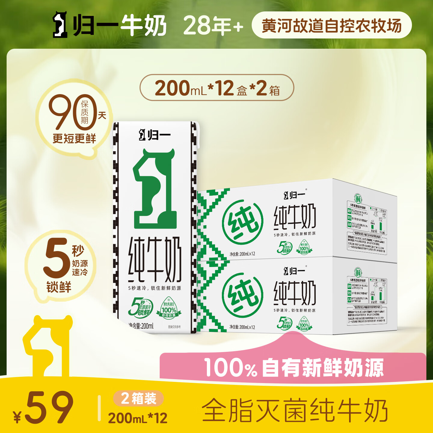归一纯牛奶200mL*12盒*2箱全脂灭菌100%生牛乳整箱营养早餐奶 【纯牛奶】200mL*12盒*2箱